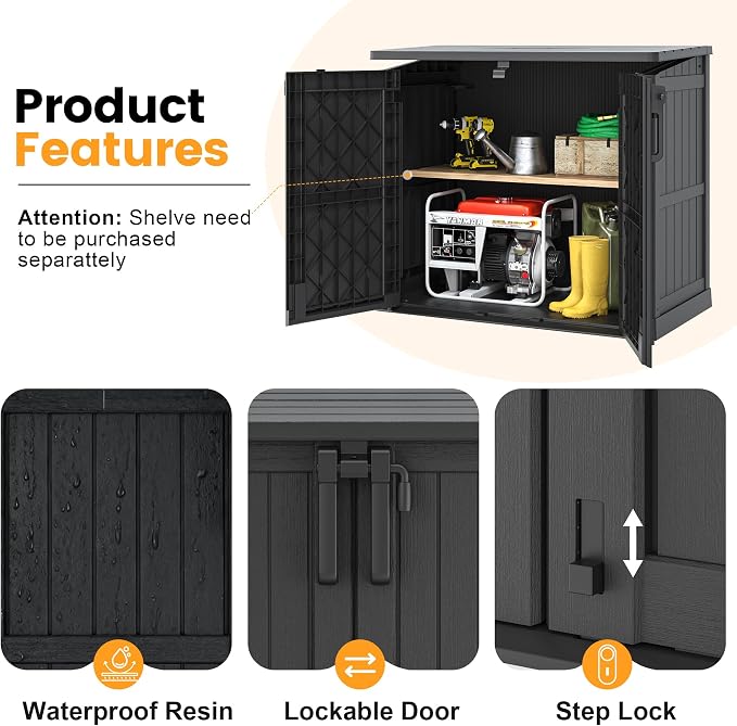 LHBcraft Outdoor Storage Cabinet 37 Cu Ft with Lockable Doors, Portable Horizontal Resin Storage Shed -Easy to Assemble, Waterproof Outdoor Storage Box for Backyards,Patios Black