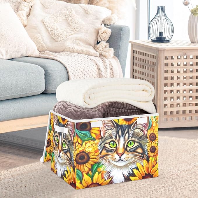 Sunflower Cat Storage Bins with Lids Closet Bedroom 40L Storage Basket | Decorative Storage Boxes, Foldable & Stackable, Dust-Proof Flip Top, Reinforced Handles, For Home & Dorm, Clothes & Toy Box