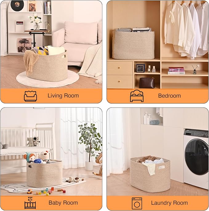 ICERZCZ Large Storage Basket for Organizing, Blanket Basket for Living Room, Large Toy Baskets for Storage, Woven Cotton Rope Baskets for Blankets, Clothes, Shoes, Brown, 25”x16”x16” (105L)