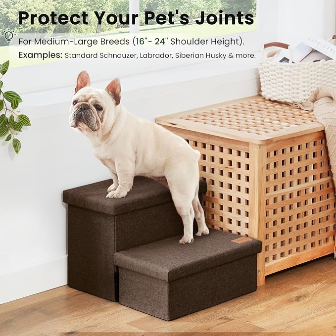 Love's cabin Dog Stairs for High Bed, Foldable Pet Stairs for Small Medium or Large Dogs Puppy with Storage for Bed or Couch, Cat Dog Steps Ramp with Zip up to 200 lbs, Coffee, 2 Steps