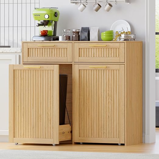 Double 13 Gallon Pull Out Trash Can Cabinet with Drawer, Garbage Cabinet | Pet Proof Hidden Trash Storage, Fluted Farmhouse Design, Space-Saving Kitchen Organizer, Dining Room Storage,Natural Oak