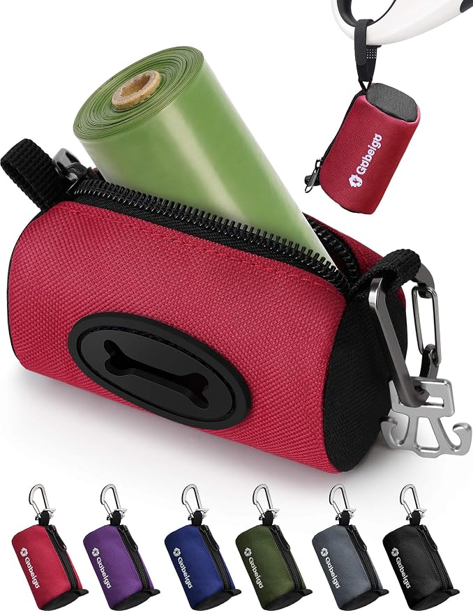 Gobeigo Dog Poop Bag Holder with Used Waste Bag Carrier(Red) | Large Opening for Easy Dispensing, Carabiner & Hook-and-Loop Strap Fits Any Leash, Includes 15 Unscented Waste Bags