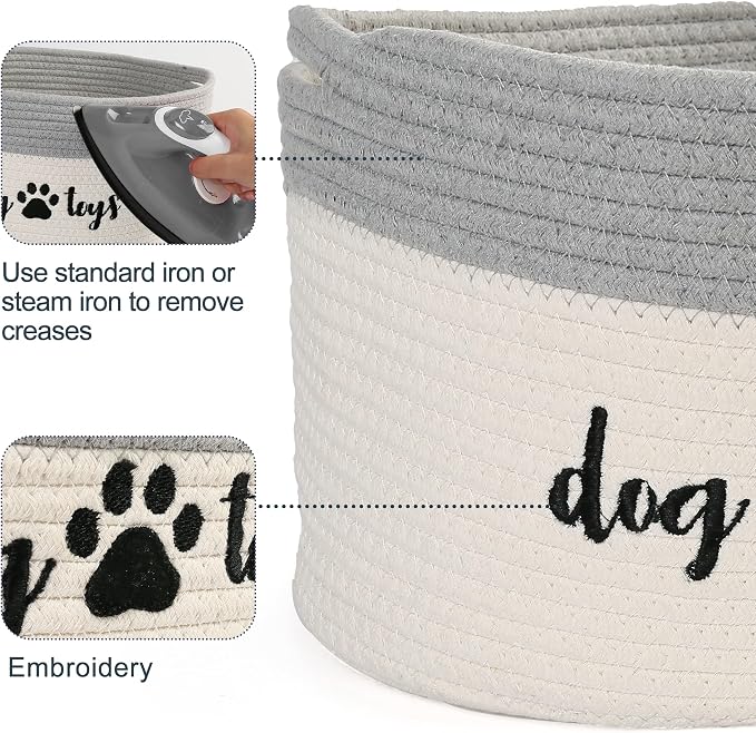 Cotton Rope Dog Toy Basket, Small Basket with Handles, Woven Storage Bin for Dogs Pets, 15x10x9 inch Pet Basket Container Holder for Toys, White and Grey