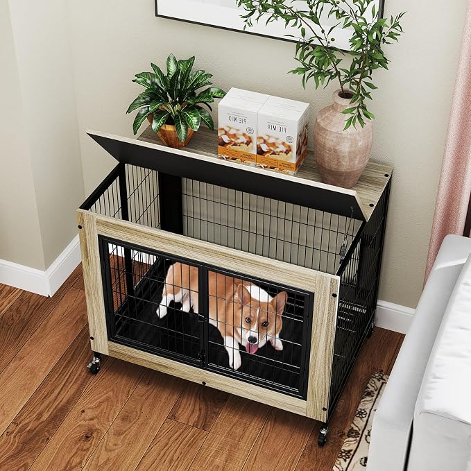 PETSITE Portable Dog Crate Furniture, 38 Inch Wooden Dog Kennel Side Table with Flip-up Top, 3 Lockable Doors and Removable Tray, Ideal for Small to Medium Dogs (Grey)
