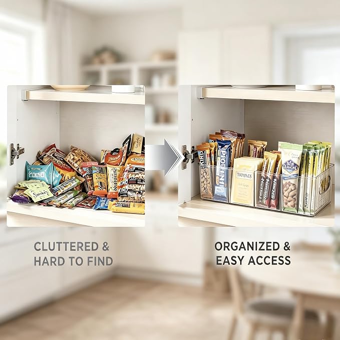 Clear Plastic Storage Bins with Removable Dividers – Pantry Snack Organizer, Kitchen Pantry Organizers and Storage, Snack Drawer Organizer, Fridge Organizer (4 Pack)