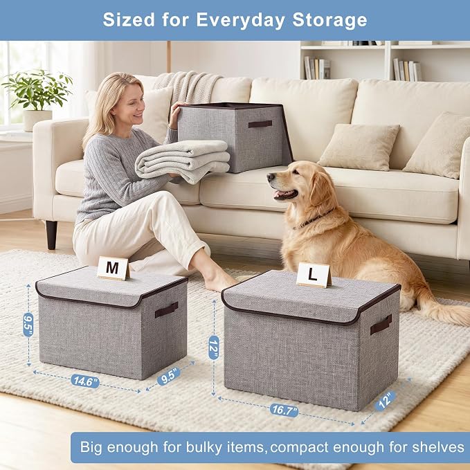 Large 42 Quarts Fabric Storage Bins with Lids [2-Pack] Linen Collapsible Foldable Storage Cubes, Closet Organizer Containers boxes with Handles for Home Office (16.7 x 12 x 12, Gray)
