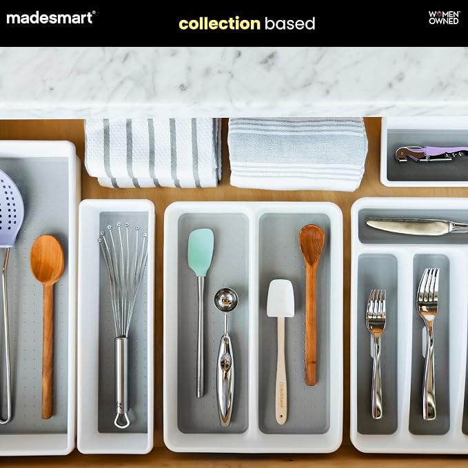 madesmart Classic 2 Compartment Compact Utensil Tray, Carbon | non slip feet, rounded corners, soft grip lining, wide channels, spatulas whisks tongs, ladles serving spoons, woman owned