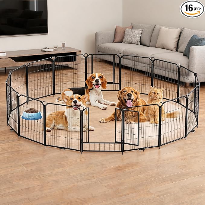 Small Dog Playpen Indoor, 32 Inch 16 Panels Metal Pet Playpen with Door, Portable Foldable Puppy Fence for Indoor Outdoor Use, Yard, RV Camping, Training Pen, Expandable Exercise Enclosure