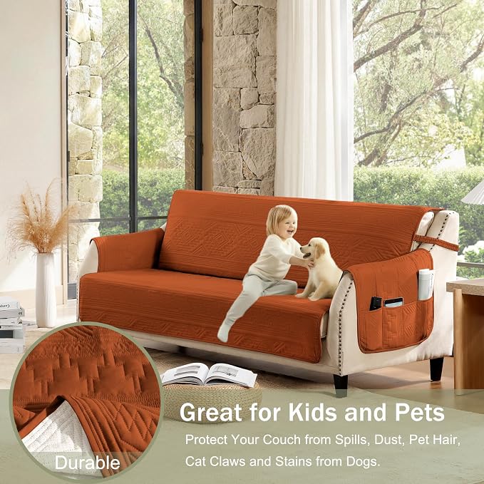 Boho Quilted Grand Sofa Covers Washable, Couch Cover for Grand Sofa, Soft Cozy Couch Protector for 4 Cushion Couch, Oversized Grand Sofa Slipcovers (Grand Sofa 88", Burnt Orange)