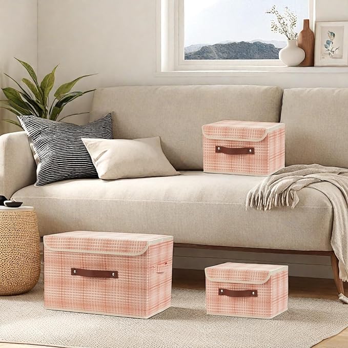2PCS Storage Box with Lid Decorative Textured Fabric Bin Basket | Clothes Organizer for Closet Shelf, Collapsible Washable, w/ Faux Leather Handles, Light Salmon (3D Textured), Small