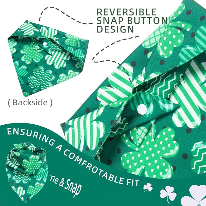 Dog Bandanas for St. Patricks Day - Big Clover Dark Green Polka Dot Base, Pet Scarf with Snap Button Cute Lucky Holiday Costumes for Irish Festivals, Large & Giant Breeds (75lbs+)