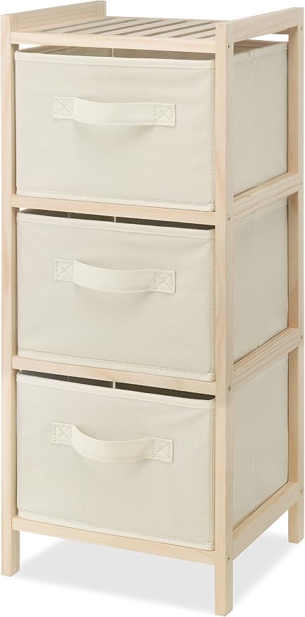 Whitmor 3 Drawer Wood Chest Organizer, Natural Pine Storage with Pull Out Fabric Bins, Easy Assembly, Compact Design for Bedroom Closet Nursery, 11.0"L x 10.0"W x 25.5"H