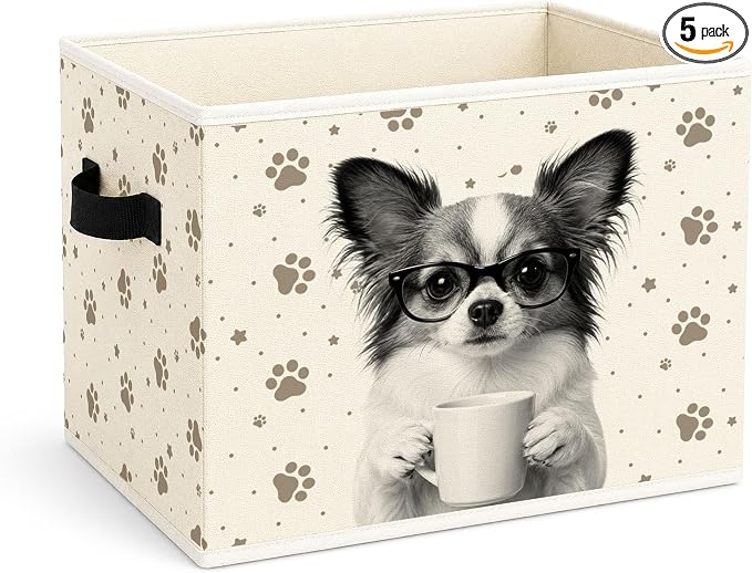Chihuahua Coffee Storage Bin, Foldable Fabric Organizer Basket | Cute chihuahua coffee storage bin with glasses dog artwork, paw print background, foldable design and handles.
