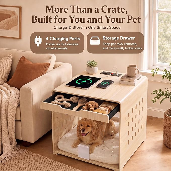 Modern Dog Crate Furniture Wooden Kennel with Charging Station End Table | Nightstand, Dog Cage, with Flip-Up Acrylic Door, Storage Drawer, for Medium Small Dogs, up to 50 lb, Living Room Bedroom, Oak