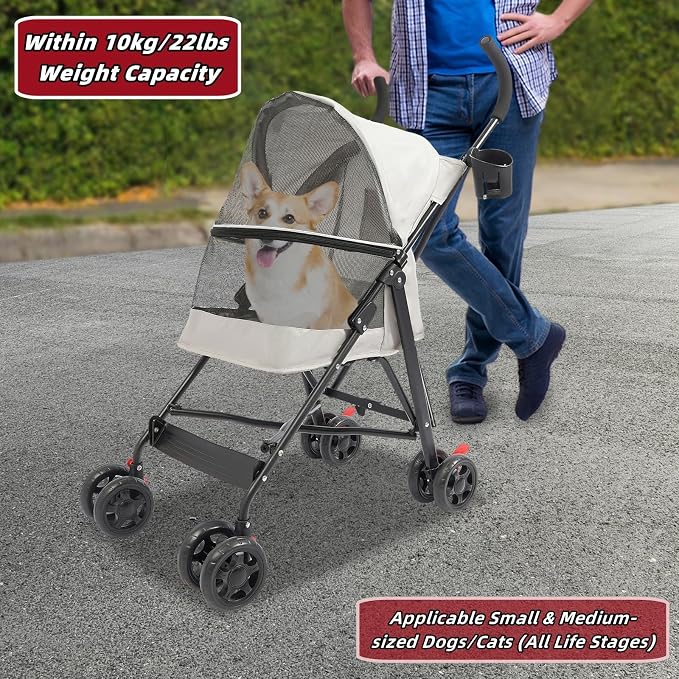 Pet Stroller for Small Medium Dogs Up to 22lbs, 4 Wheels Folding Pet Carriage Cart for Dogs Cats, Portable Cat Puppy Jogging Stroller with Rear Pocket and Cup Holder (Gray)