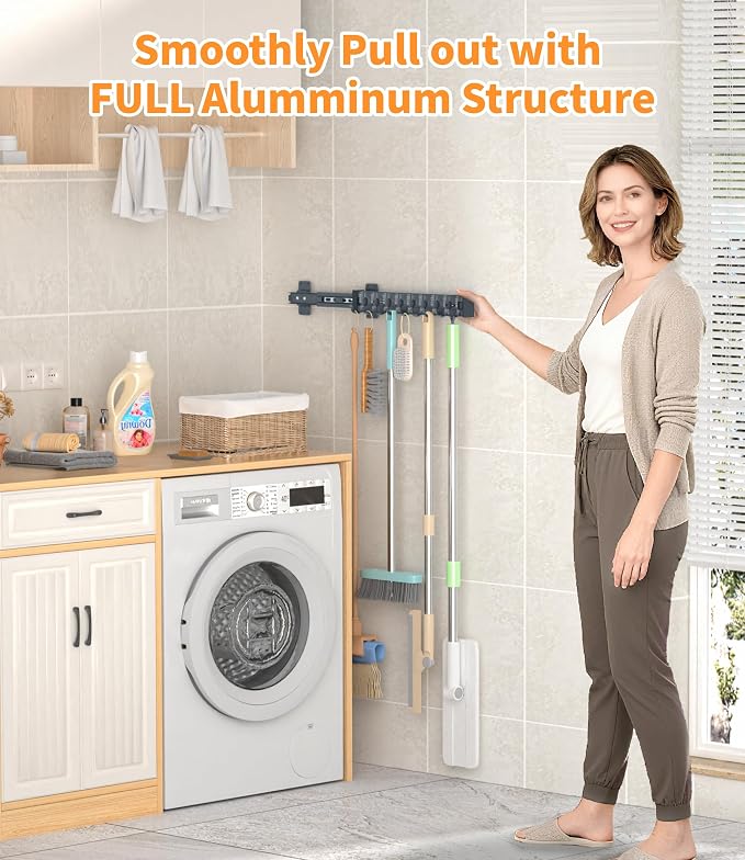 Pull Out Broom Holder With 9 Adjustable Row Sliding Hook-Dark Grey 16.14in | High Load Capacity, Multifunctional Slide Broom And Mop Storage/Organizer Garage Organization Hook, for Closet Laundry Garage