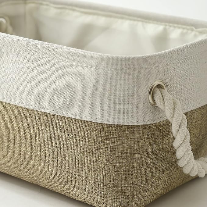 Storage Basket for Shelves - 12x8x5.2 inch Small 6 Pack Collapsible Storage Bin for Closet with Handles, Fabric Storage Cubes for Cloth Organizer Gift Toy Decorative (White & Khaki)