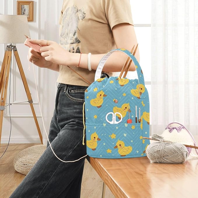 Fustylead Cute Yellow Duck and Hearts Stars Knitting Yarn Storage Tote Basket, Durable Polyester Large Crochet Drawstring Bag for Crocheting Project, Sewing Supplies, Needles