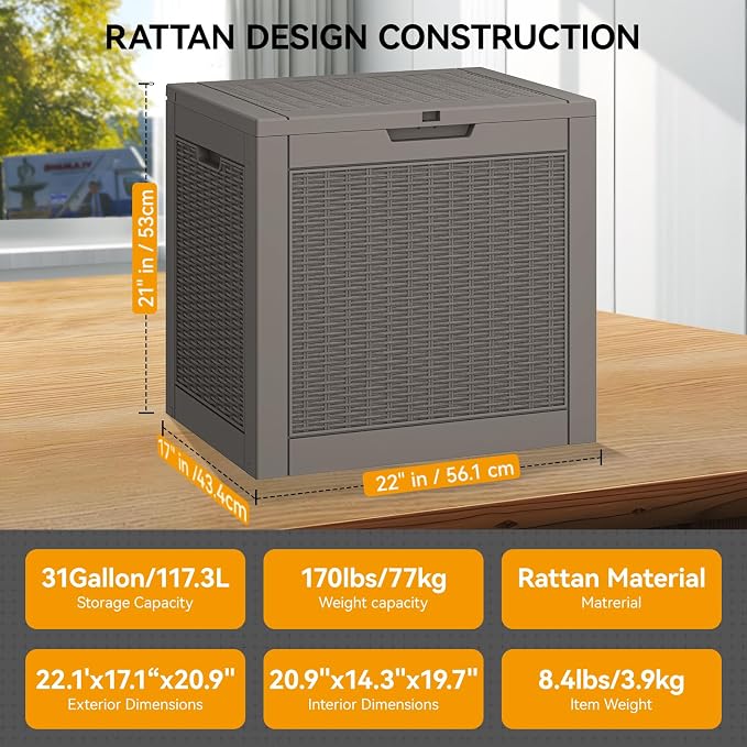 31 Gallon Outdoor Storage Box, Resin Deck Boxes Indoor and outdoor, Waterproof Storage Box Lockable Lid for Garden Tools, Package Delivery, Patio Cushions, Grey