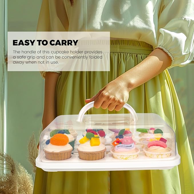 NPLUX White Cupcake Carrier Cupcake Holder with Lid, Cake Container | 3 in 1 Multipurpose, Lid, Holder, Muffins, Pies, Sweets, Pastries, Fruit, Snacks, Transport