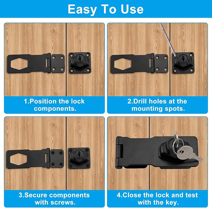 2 Pcs 4 Inch Hasp Lock, Black | Metal Twist Knob, Keyed Locking with Keys, With Screws, For Small Doors Cabinets Toolboxes and Storage Units