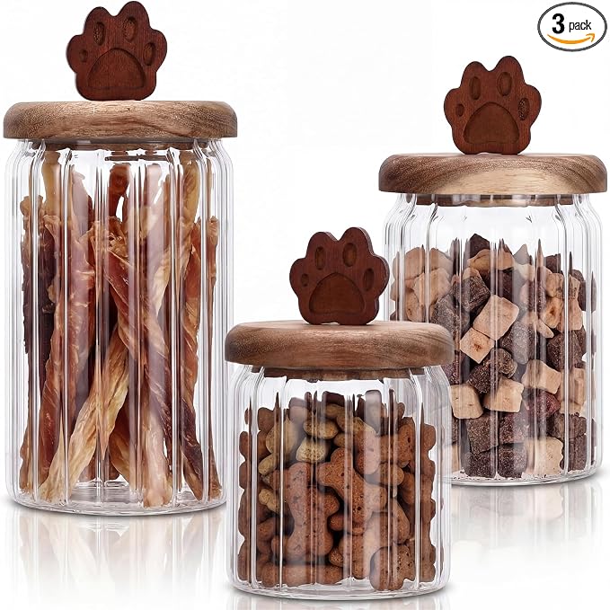 3 Pcs Glass Dog Treat Container, Dog Cookie Jar with Wooden Lid | 3 Sizes, Airtight Pet Treat Storage Container, for Kitchen Counter, Treats Canister, Doggie Cookie, Pets, Stripe Paw