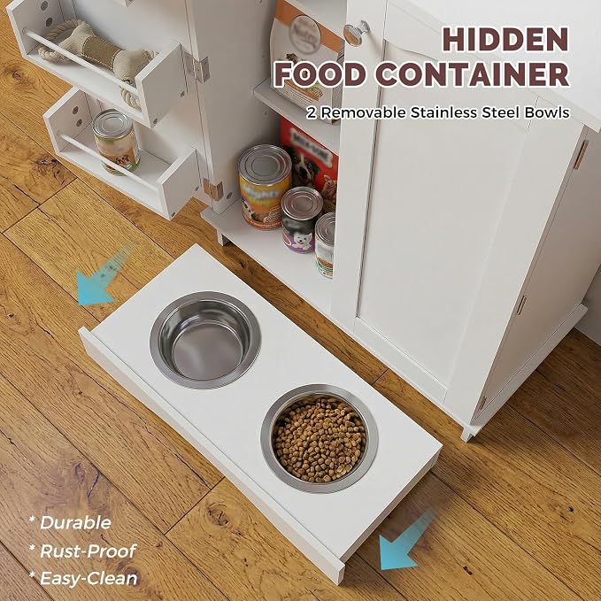 32" H Dog Feeding Station with Storage with Adjustable Shelves | Pet Food Storage Cabinet with 2 Elevated Bowls,Hooks & Letter Stickers,Hidden Dog Feeding Organizer for Cats and Dogs,White