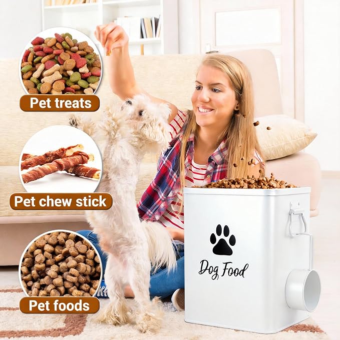 Dog Food Container 6.6lb, Cute Airtight Pet Treat Storage Containers with Metal Lid Scoop, Metal Storage Bin for Dog/Cat Durable Airtight Great Gift for Pet Owners-White