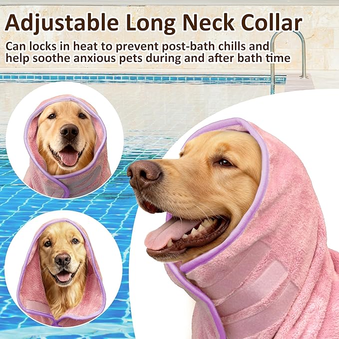 Soft Dog Bathrobe Fast Drying Dog Coat, Super Absorbent Dog Towels for After Bath, Microfiber Pet Robe Adjustable Collar & Belly Warm Keeping Dogs Coat for Pet Dogs & Cats (Pink, X-Large)