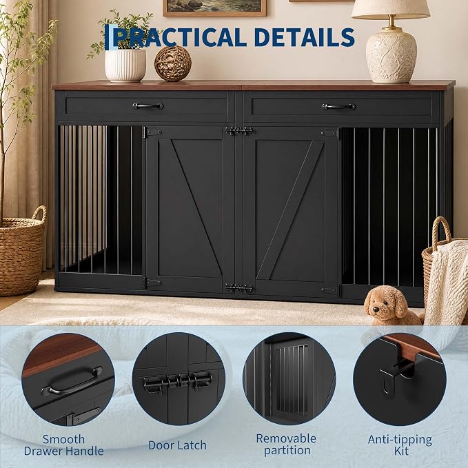 71'' Double Dog Crate Furniture for 2 Dogs, Dog Crate with 2 Drawer | Farmhouse Dog Crate TV Stand with Removable Divider Dog Kennel Furniture, Heavy Duty Dog Cage and TV Stand for Large Mediu