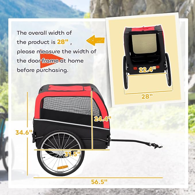 PawHut Dog Bike Trailer 20" Air Tires for Small Medium Breeds 44 lbs | Pet Cart Bicycle Carrier, Quick-Release Wheels, Reflectors, Flag, Dog Cart for Bicycle