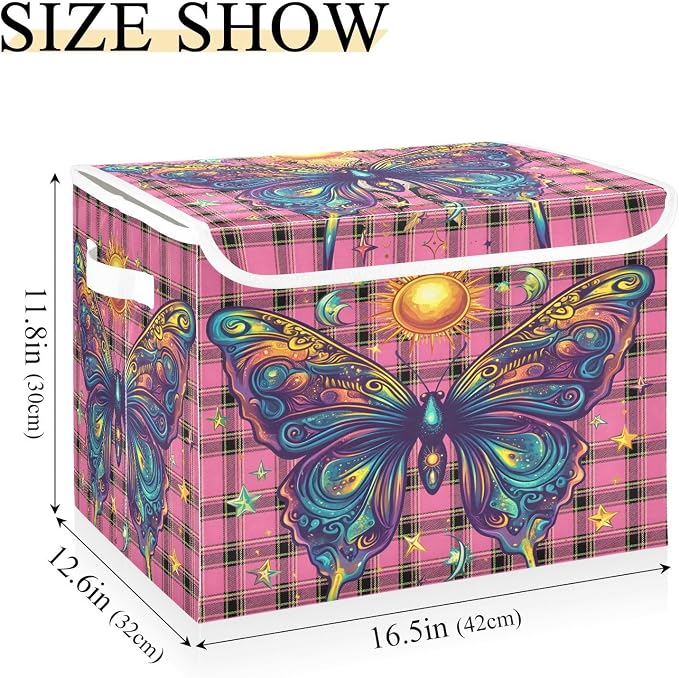Fabric Storage Bins with Lid Butterfly Closet Bedroom 40L Storage Basket | Decorative Storage Boxes, 300D Oxford Cloth, Hollow Board Frame, Flip Top Velcro Lid, 16.5x12.6x11.8 inch, Collapsible Design