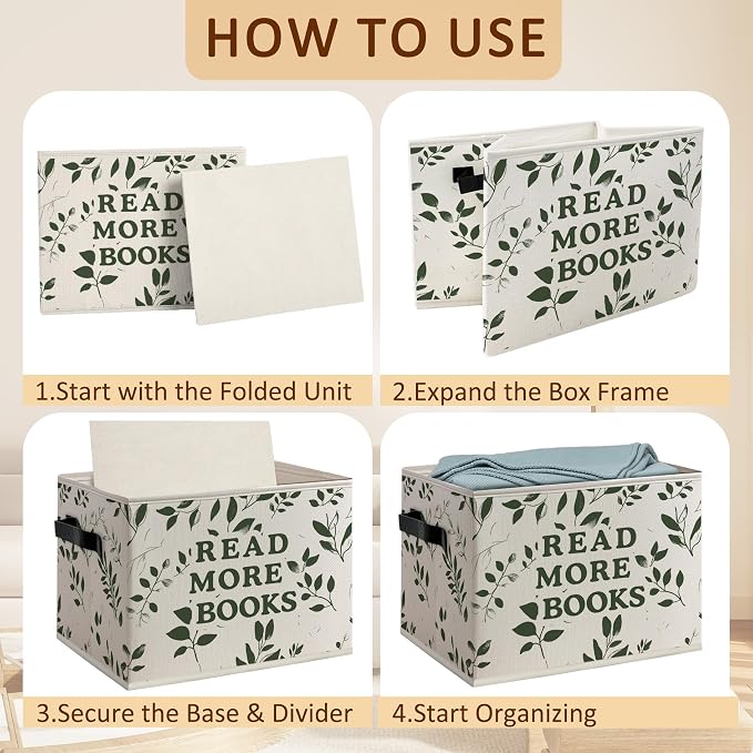 Vintage Botanical Book Foldable Storage Bins Box with Handles, Book Lover Gifts, Read More Books Decorative Storage Boxes Baskets Toybox Organizer for Library Reading Room Kids Room Bedroom