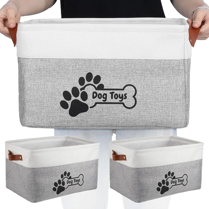 2-Pack Linen Toy Basket for Dogs, Foldable Dog Toy Storage Basket with Handles, Gray Organizer Bin for Pet Toys, Leashes, Blankets & Accessories (15x11x9 Inches)