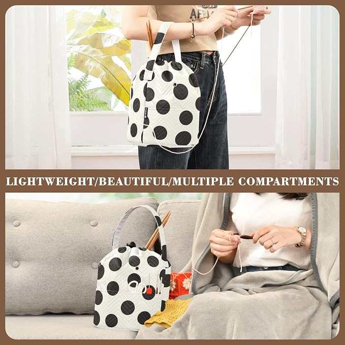 Tatenale Crochet Bag Yarn Bag Knitting Project Bag with Pockets and Handle Portable Yarn Storage Organizer Tangle Free 8.3x11 Inch Black and White Polka Dots