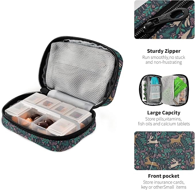 Animal Deer Rabbit Pill Box 7 Day Pill Case Travel Pill Organizer Bag with Zipper Portable Weekly Case Compact Size for Vitamin Supplement Holder