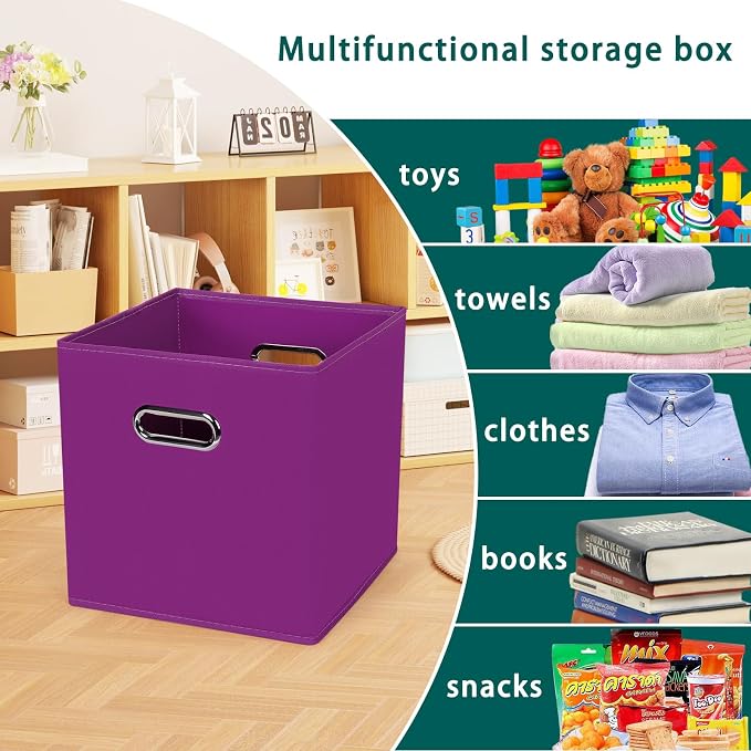 Black Foldable Storage Cubes Bins, Fabric Storage Box Cubes Organizer Baskets with Dual Handles for Home Organizer,Set of 3,(Purple)