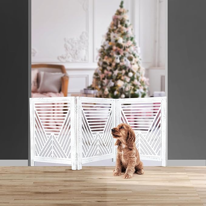 Lightnpro 3‑Panel Wooden Dog Gate – Antique White Foldable Freestanding Pet Barrier, Extra‑Wide Indoor Safety Fence for Small Dogs & Puppies – 24x54 Inch Decorative Finish