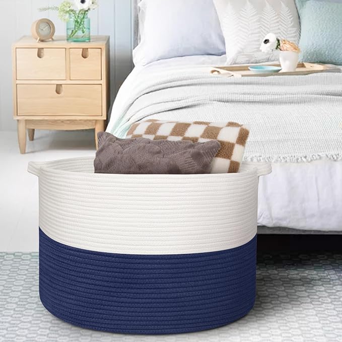 MEGASKET 115L Super Large Blanket Basket, Cotton Rope Woven Bin for Toy, Clothes, Laundry, Shoes, Toy Box for Living Room, Oversized Organizer, XXXL Jumbo Basket for Blankets, 23.6"x15.7", Navy Blue