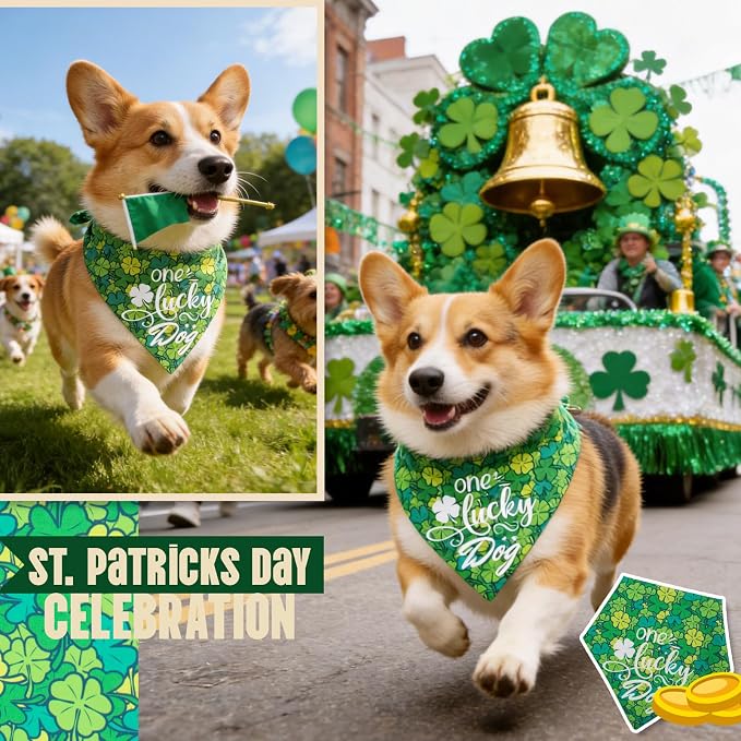 Dog Bandana for St. Patricks Day 2-in-1 Reversible - One Lucky Dog & 4-Leaf Clover Design, Pet Scarf with Snap Button Cute Lucky Holiday Costumes, Small & Medium Breeds (5-30lbs)