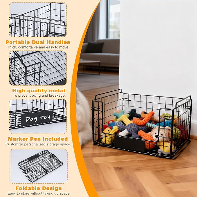 Metal Dog Toy Basket with Handles, Chew-Proof Large Pet Toy Storage Bin, Foldable Dogs Organizer Box for Living Room, Personalized Rustic Toy Holder (Black)