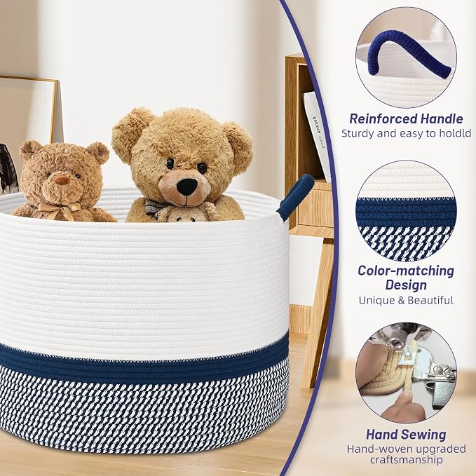 67L Large Blanket Basket, 20"x13" Blanket Basket Living Room, Woven Baskets With Handle, Toy Baskets for Blankets, Nursery, Dog, Pillow, Gift (White & Navy Blue)