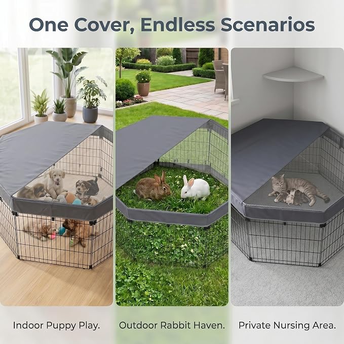 PJYuCien Octagonal Playpen Top Cover for 24" Side Metal Pet Pen, Gray | Cozy Den for Puppy Small Animals, Half Mesh Half Oxford with Silver Coating, Predator & Weather Protection, Snap Hooks