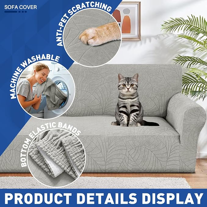 YEMYHOM Couch Cover Latest Jacquard Design High Stretch Sofa Covers for 2 Cushion Couch, Pet Dog Cat Proof Loveseat Slipcover Non Slip Elastic Furniture Protector (Medium, Begonia Leaf Light Grey)