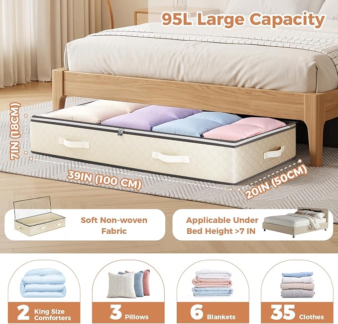 6 Pack 95L Under Bed Storage Containers Beige | Underbed Storage Bags for Blankets, Towels, Comforter, Sweaters, Linen Sheets, Wrapping Paper