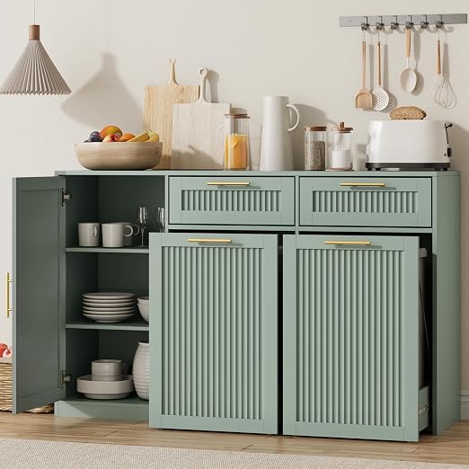 2 X 13 Gallons Double Pull Out Trash Can Cabinet with Storage, Green | 54"W Fluted Kitchen Trash Cabinet with Adjustable Shelf & Drawers, Hidden Pet Proof Trash Can Holder for Laundry Living Room
