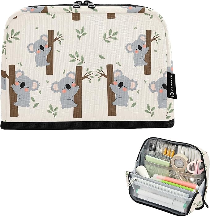 Aslsiy Large Capacity Pencil Case Grey Koala Bear Leaves (1) Pencil Pouch for Boys Girls Portable Pen Bag Organizer Standing Makeup Bag for School Office Supplies
