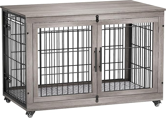 44'' Decorative Large Dog Crates Furniture w/Cushion & Wheels Wood Kennel | Grey, Double Doors, Wooden Dog Cage, Chew-Resistant, End Table, Decorative, 27"/32"/38"/44" Options, Indoor