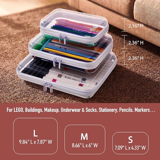 4PCS Large Clear Hard Shell Zipper Case, Makeup Organizer & Toy Storage Bag for Lego Bricks, Diaper Pouches, Cosmetic Bags, Transparent Pencil box, Puzzle Board Game, Portable Travel Toiletries
