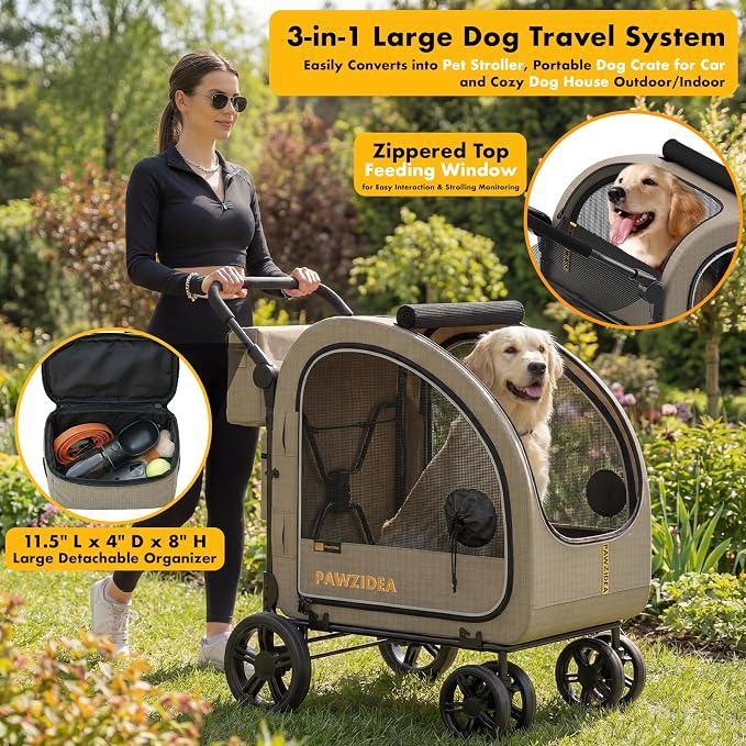 PAWZIDEA 3-in-1 Large Dog Stroller with Detachable Carrier, 45% Extra Tall | Dog Crate Car Travel for 2 Medium Dogs Sit Upright, Foldable Jogger Pet Stroller All-Terrain Up to 100lbs, Storage Organizer